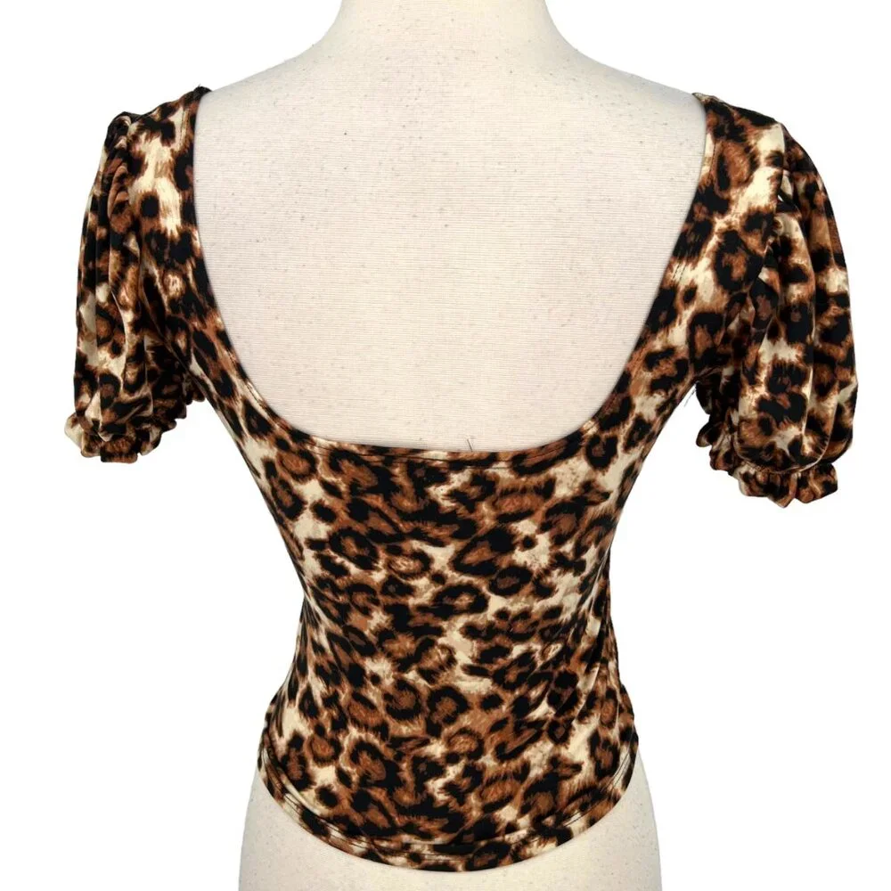 One by One Leopard Print Puff Sleeve Scoop Neck Top Dark Brown Cream Medium NWT